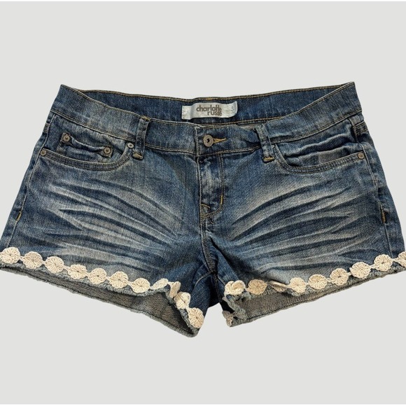 Charlotte Russe Pants - Charlotte Russe Women's 8 Denim Shorts Crochet Lace Trim Whiskered Festival Boho